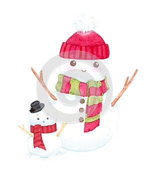 Cute christmas snowmen wearing hat and scarf on white background.