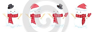 Cute christmas snowmen wearing hat and scarf on white background