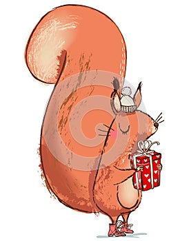 Cute christmas squirrel with present box