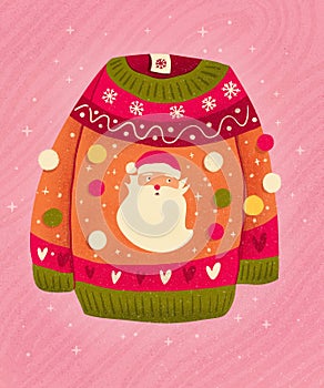 Cute Christmas sweater with Santa Claus and pom-poms. Colorful holiday illustration