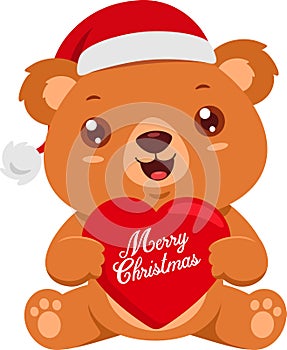 Cute Christmas Teddy Bear Cartoon Character Holding A Red Heart With Text