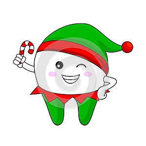 Cute Christmas tooth in elf costume with hat.