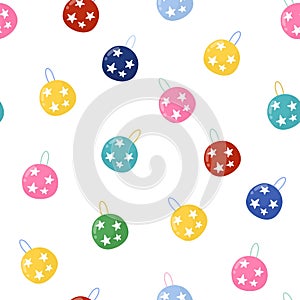 Cute Christmas toys seamless pattern. Bright Christmas tree balls decor background