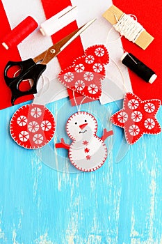 Cute Christmas tree embellishment. Felt snowman, Christmas tree, star and ball embellishment, materials and tools for sewing