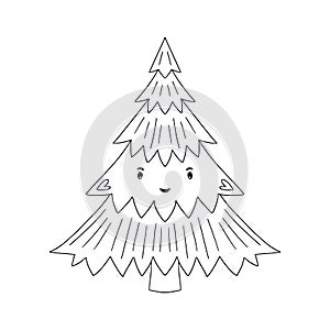 Cute Christmas Tree. New Year line art decoration. Coloring book page. Cartoon new year tree illustration