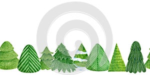 Cute Christmas trees. Holiday wallpaper. Horizontal seamless Border Pattern New Year greeting card template with space