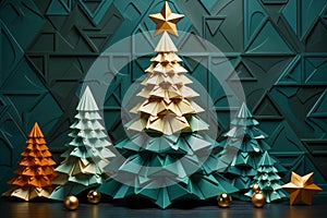 Cute Christmas trees made of paper on a green background. Festive mood and expectation of a miracle.