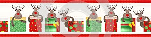 Cute Christmas vector border with red nosed reindeer and presents. Red stitch stripe edging. Seamless geometric pattern