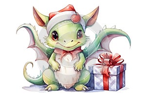 Cute Christmas Watercolor Dragon in Santa Claus hat with gift box. Illustration with pastel colors isolated on white