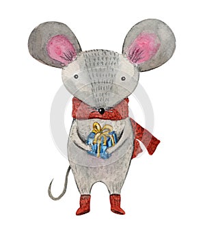 Cute Christmas watercolor mouse with gift box