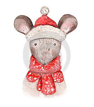 Cute Christmas watercolor mouse in hat and scarf