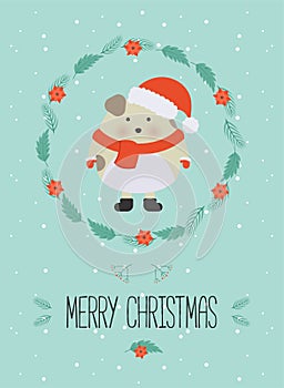 Cute christmas woodland character. Merry christmas card with cute puppy in winter clothes. New Year greeting cards. Hand