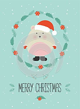 Cute christmas woodland character. Merry christmas card with cute bear in winter clothes. New Year greeting cards. Hand