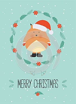 Cute christmas woodland character. Merry christmas card with cute fox in winter clothes. New Year greeting cards. Hand