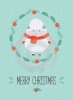 Cute christmas woodland character. Merry christmas card with cute sheep in winter clothes. New Year greeting cards. Hand