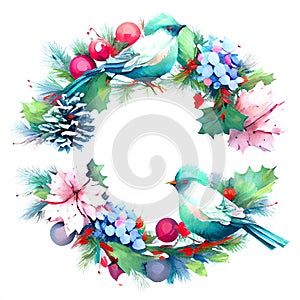 Cute Christmas wreath with blue birds - Christmas watercolor illustration.