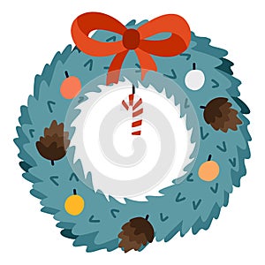 Cute Christmas wreath. Traditional decoration for Christmas eve and New Year. Holiday lush pine wreath with bow of red ribbon,