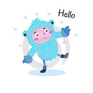 Cute Christmas Yeti walks merrily and waves his arms