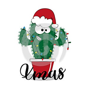 Cute Christmassy Cactus in Santa`s hat, and Xmas text.