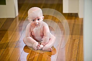 Cute chubby baby wearing diaper sitting on floor