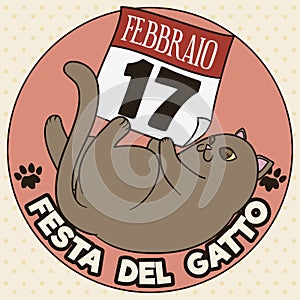 Cute Chubby Cat Playing with Calendar during Italian Cat Day, Vector Illustration