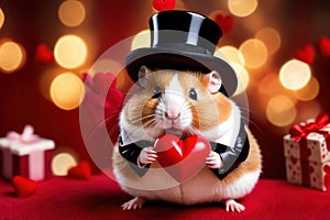 Cute chubby gentleman hamster in tuxedo holding heart, romantic valentine concept