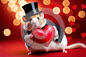 Cute chubby gentleman hamster in tuxedo holding heart, romantic valentine concept