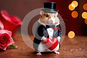 Cute chubby gentleman hamster in tuxedo holding heart, romantic valentine concept