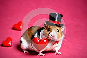 Cute chubby gentleman hamster in tuxedo holding heart, romantic valentine concept