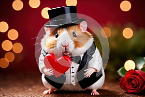 Cute chubby gentleman hamster in tuxedo holding heart, romantic valentine concept