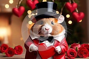 Cute chubby gentleman hamster in tuxedo holding heart, romantic valentine concept