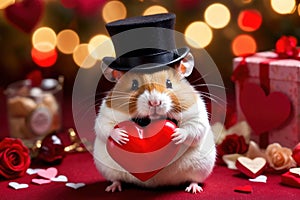 Cute chubby gentleman hamster in tuxedo holding heart, romantic valentine concept