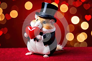 Cute chubby gentleman hamster in tuxedo holding heart, romantic valentine concept