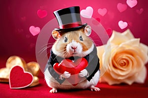 Cute chubby gentleman hamster in tuxedo holding heart, romantic valentine concept