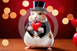 Cute chubby gentleman hamster in tuxedo holding heart, romantic valentine concept