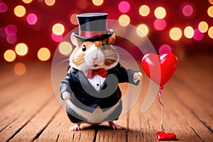 Cute chubby gentleman hamster in tuxedo holding heart, romantic valentine concept