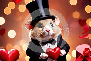 Cute chubby gentleman hamster in tuxedo holding heart, romantic valentine concept