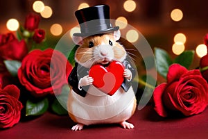 Cute chubby gentleman hamster in tuxedo holding heart, romantic valentine concept