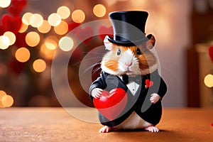 Cute chubby gentleman hamster in tuxedo holding heart, romantic valentine concept