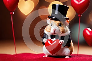 Cute chubby gentleman hamster in tuxedo holding heart, romantic valentine concept