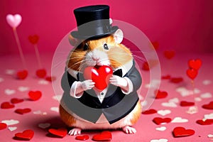 Cute chubby gentleman hamster in tuxedo holding heart, romantic valentine concept