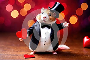 Cute chubby gentleman hamster in tuxedo holding heart, romantic valentine concept