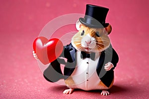 Cute chubby gentleman hamster in tuxedo holding heart, romantic valentine concept