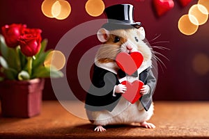 Cute chubby gentleman hamster in tuxedo holding heart, romantic valentine concept