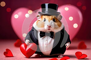 Cute chubby gentleman hamster in tuxedo holding heart, romantic valentine concept