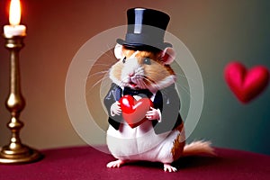 Cute chubby gentleman hamster in tuxedo holding heart, romantic valentine concept