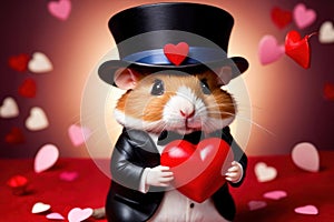 Cute chubby gentleman hamster in tuxedo holding heart, romantic valentine concept