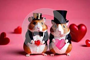 Cute chubby gentleman hamster in tuxedo holding heart, romantic valentine concept