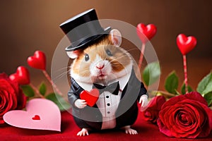 Cute chubby gentleman hamster in tuxedo holding heart, romantic valentine concept