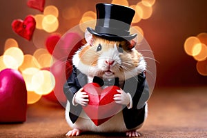 Cute chubby gentleman hamster in tuxedo holding heart, romantic valentine concept